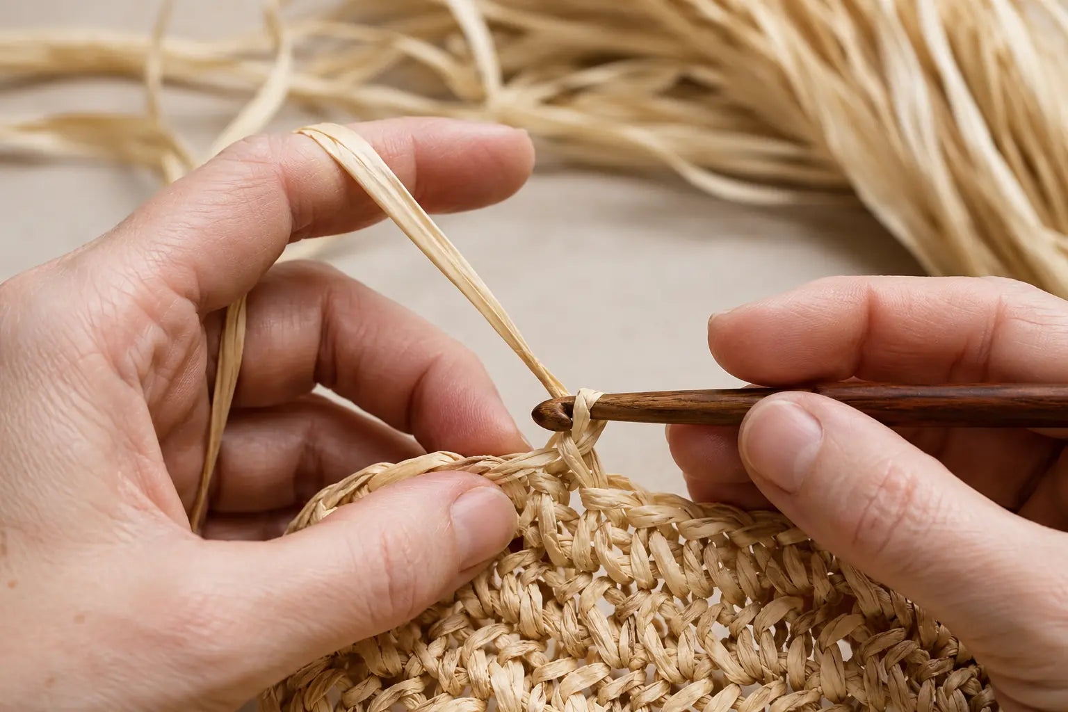 Mains d’une artisane formant une maille au crochet avec du raphia naturel