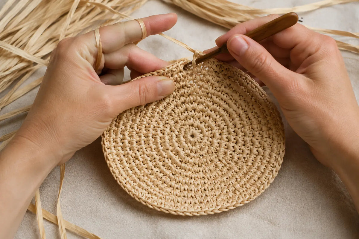 Fond circulaire en raphia crocheté depuis son centre