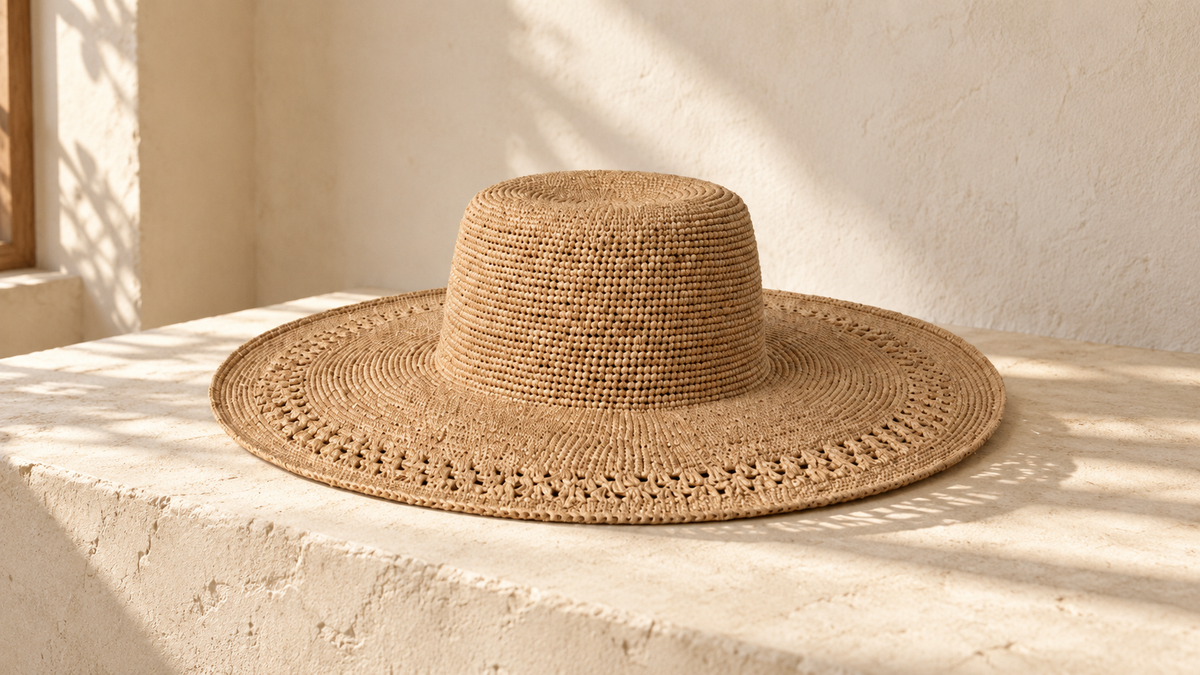 Editorial composition: the TSARAVA wide-brimmed raffia hat in natural light on pale stone.
