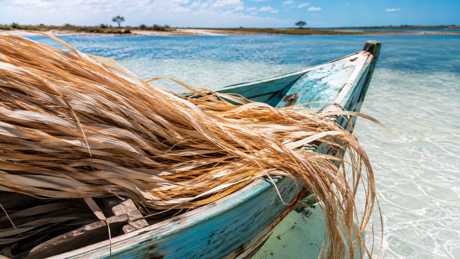 Fibres de raphia sur une embarcation turquoise