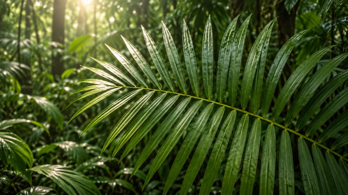 Botanical interpretation: the central axis and leaflets of a raffia palm frond in a wetland landscape.