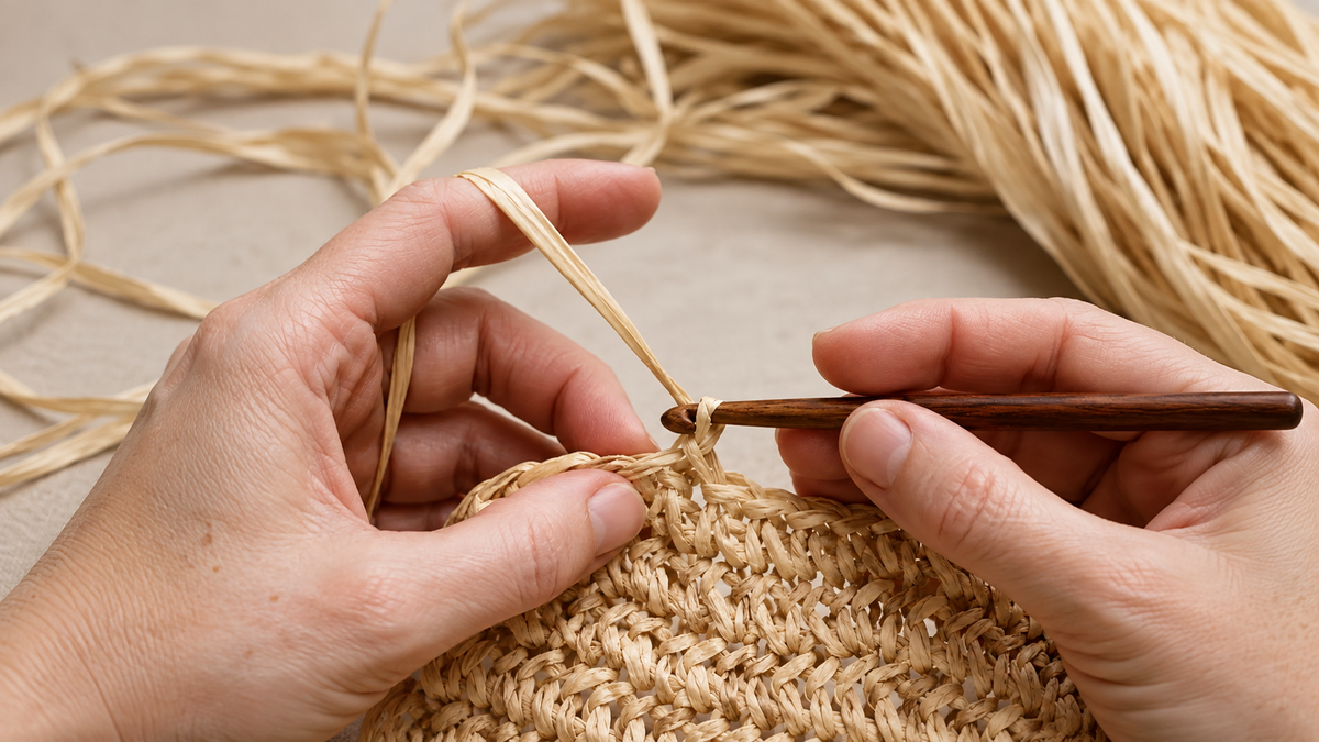 Editorial close-up of a raffia stitch, the crochet hook and the position of the hands.