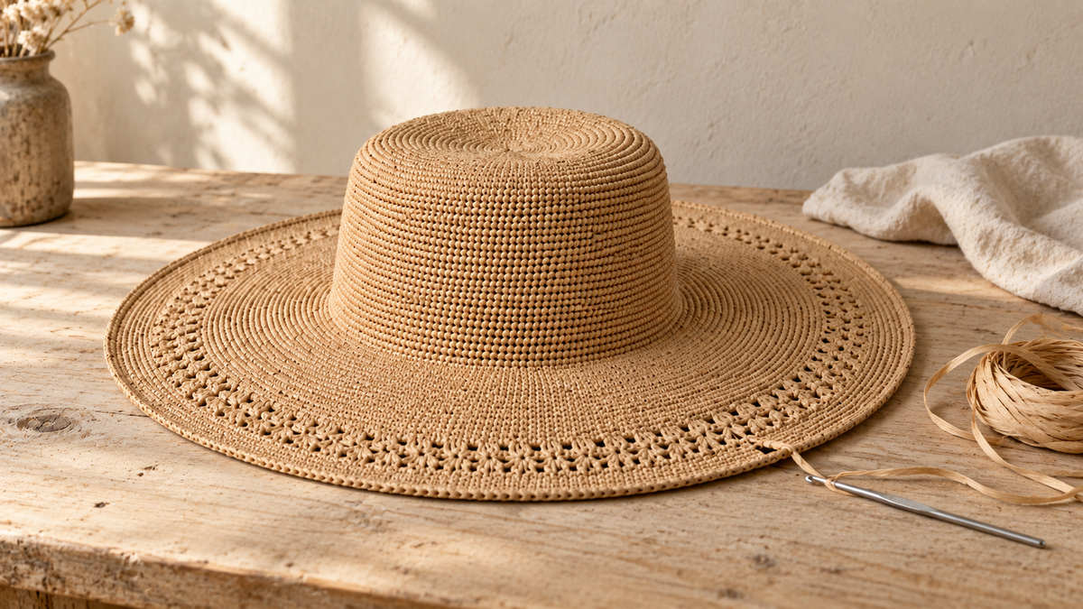 An interpretation of the making of a wide-brimmed crochet hat, with raffia fibre and a hook on a pale table.