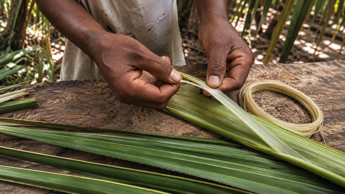 Editorial interpretation of extracting a raffia ribbon from a young leaflet.