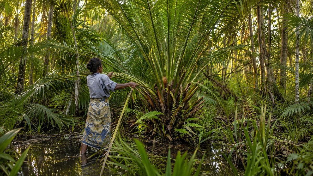 Editorial interpretation of the careful harvesting of raffia leaves in Madagascar.