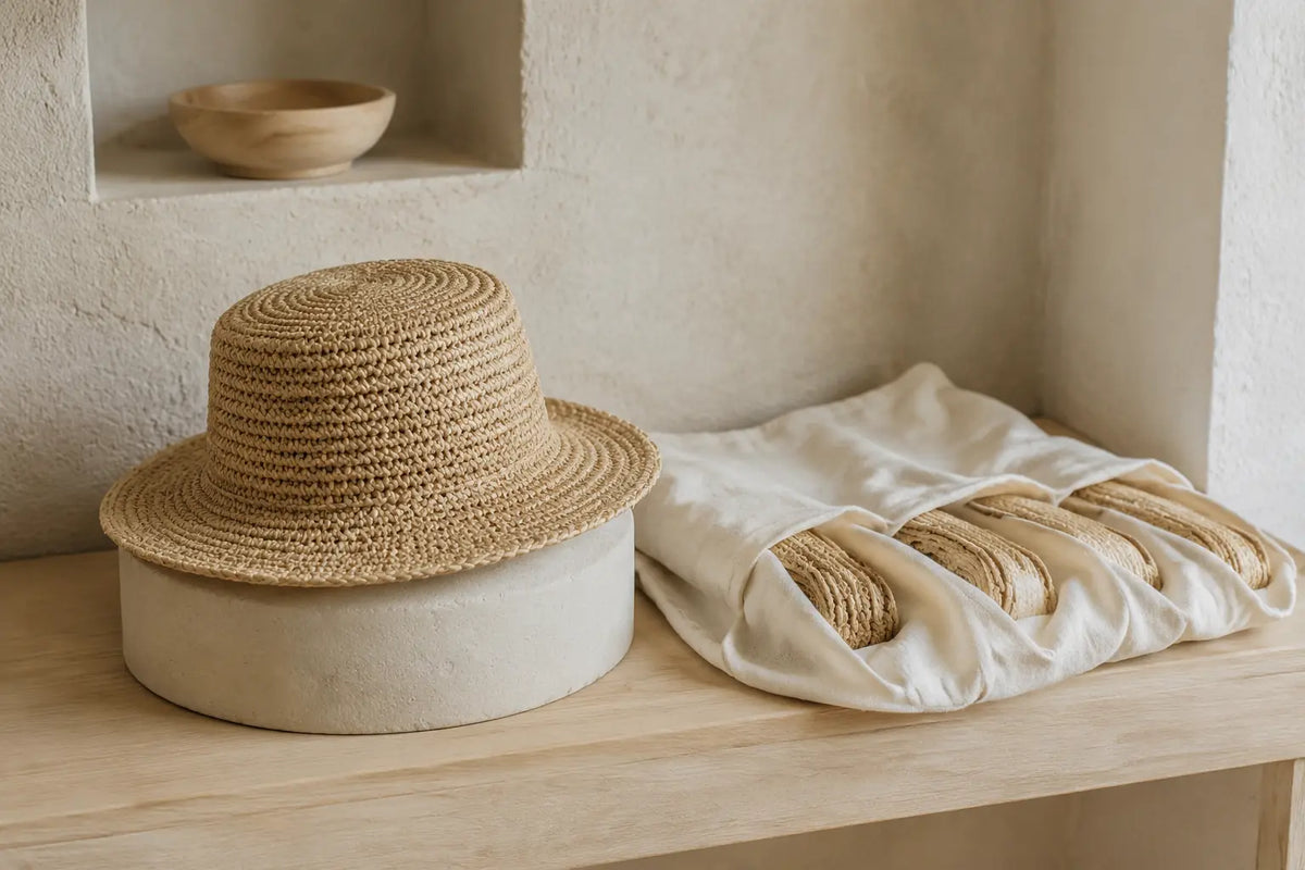 Chapeau et fibres de raphia conservés à l’abri de la lumière directe
