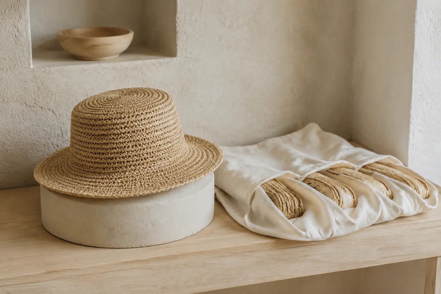 Chapeau et fibres de raphia conservés à l’abri de la lumière directe