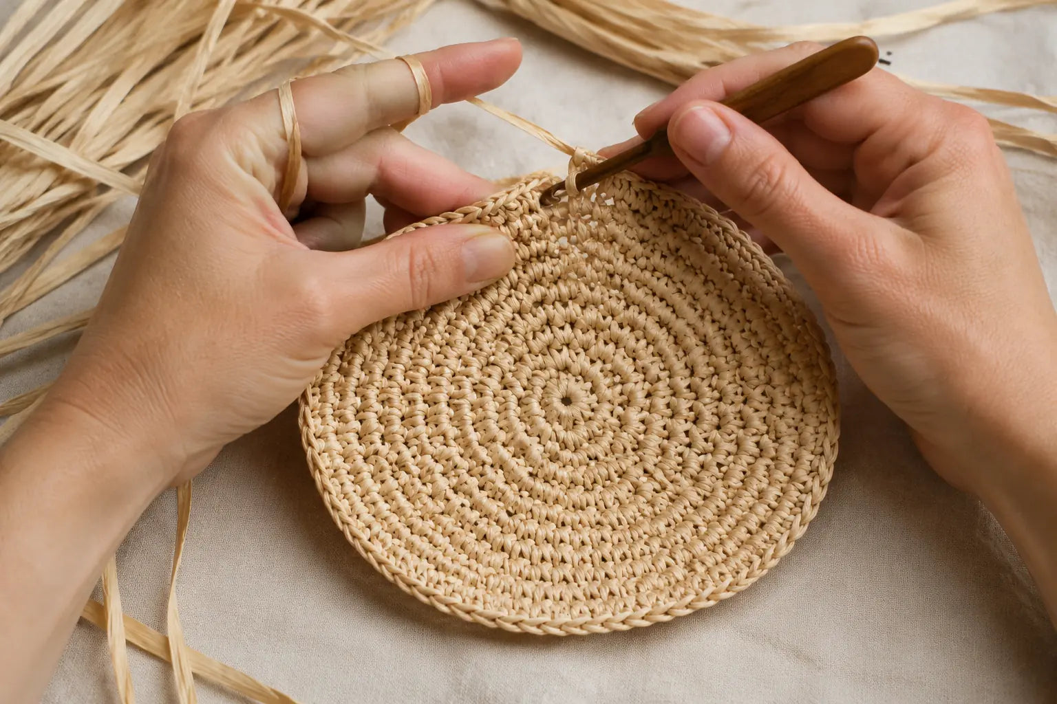 Fond circulaire en raphia crocheté depuis son centre