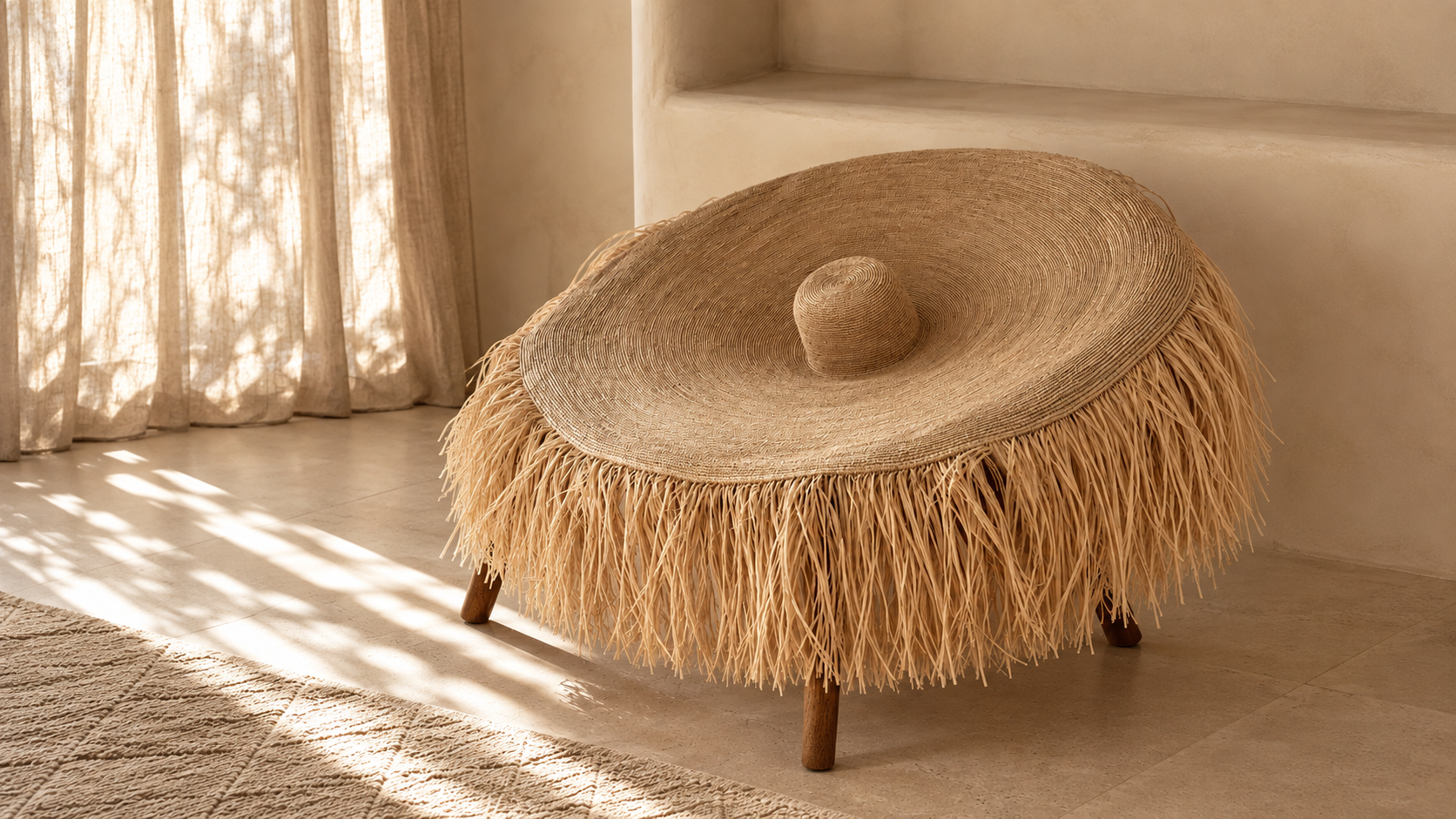 VELATRA, pièce sculpturale en raphia crocheté avec calotte centrale et longues franges, présentée dans un intérieur beige.