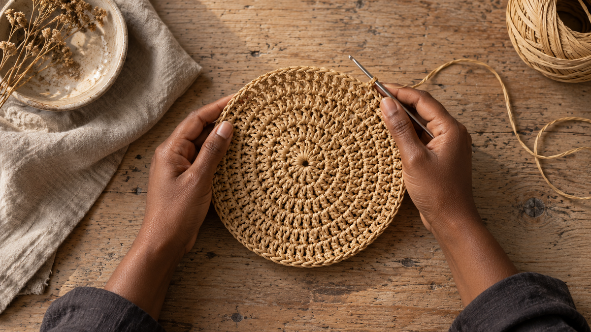 Évocation éditoriale : mains travaillant un cercle de raphia au crochet.