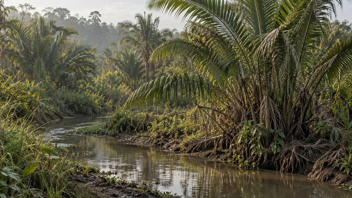 Editorial interpretation of Madagascar’s wetlands and raffia palms.