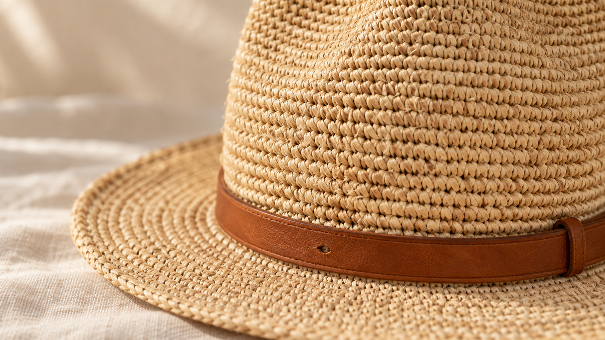 Editorial detail of the ANJA hat’s dense raffia stitches and cognac ribbon.