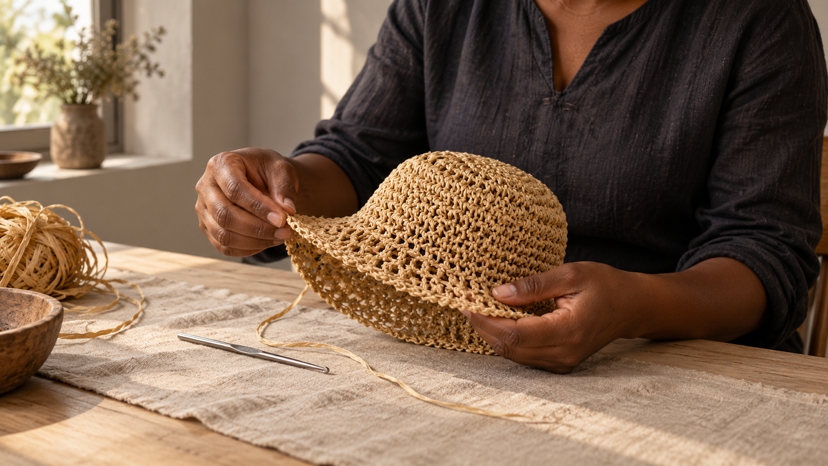 An interpretation of the artisan’s craft: inspecting a hand-crocheted raffia hat.