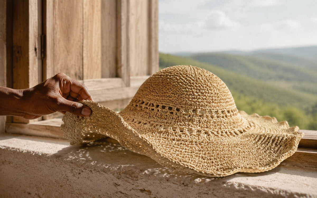 Chapeau en raphia au crochet révélé par la lumière