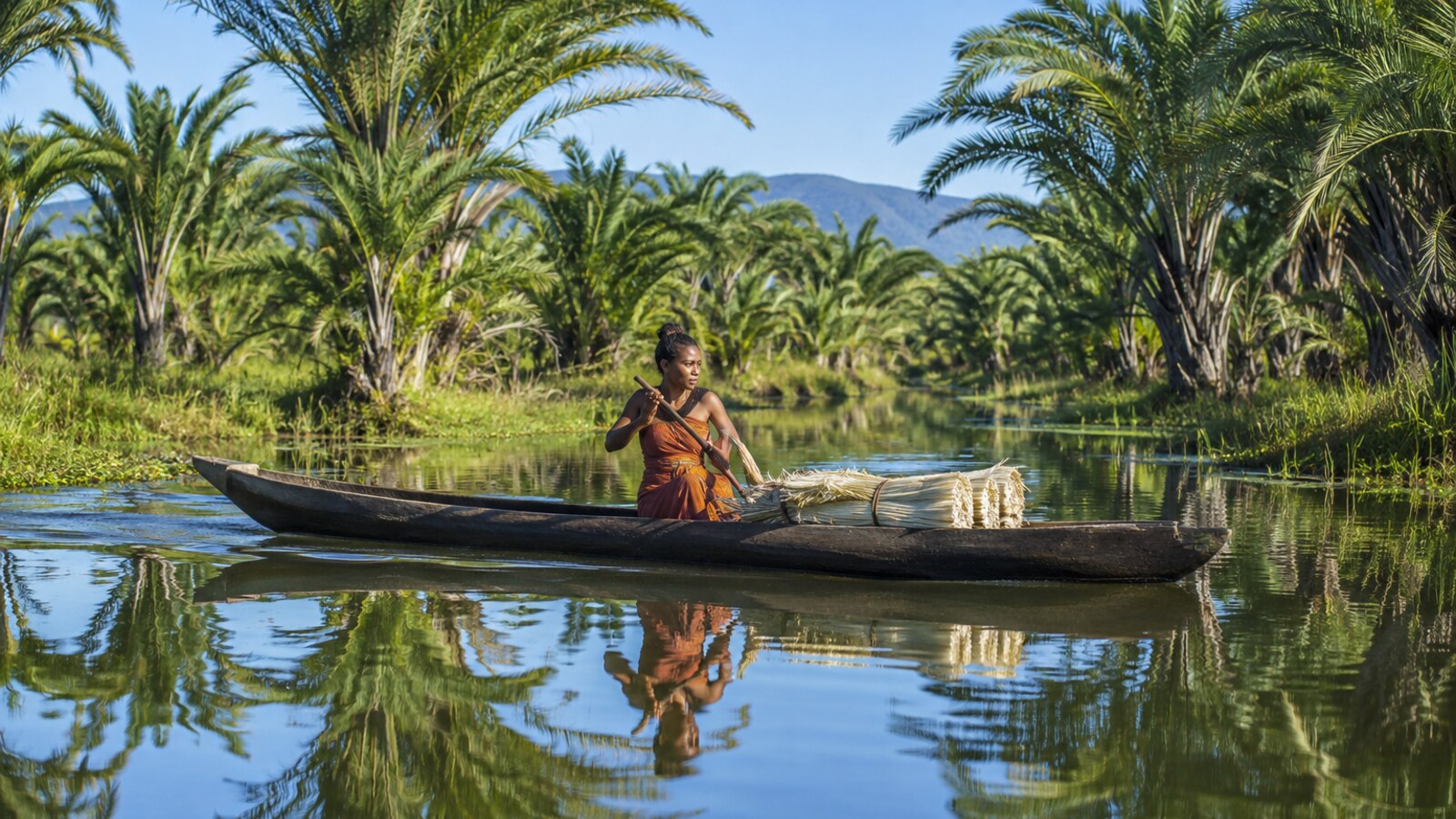 Traversée en pirogue d’une palmeraie à Madagascar