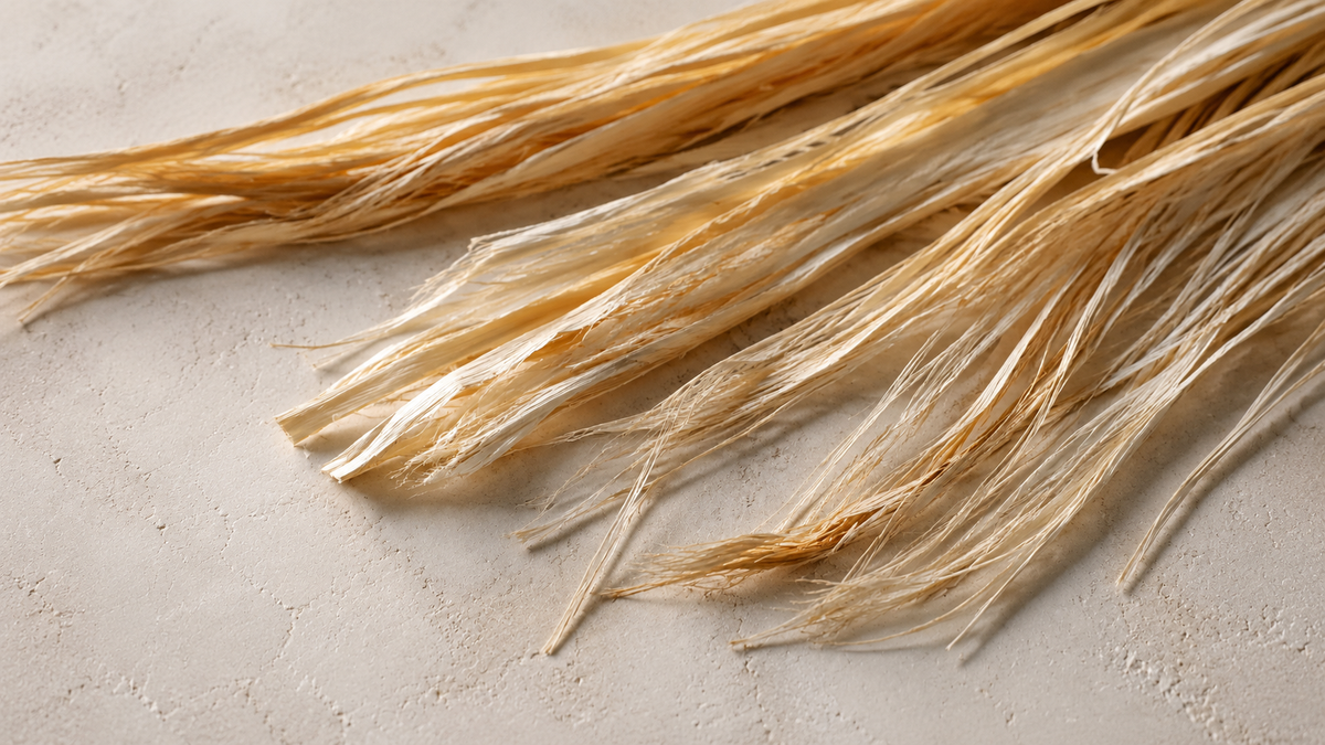Editorial macro view of separated raffia fibres, revealing their lengthwise structure.
