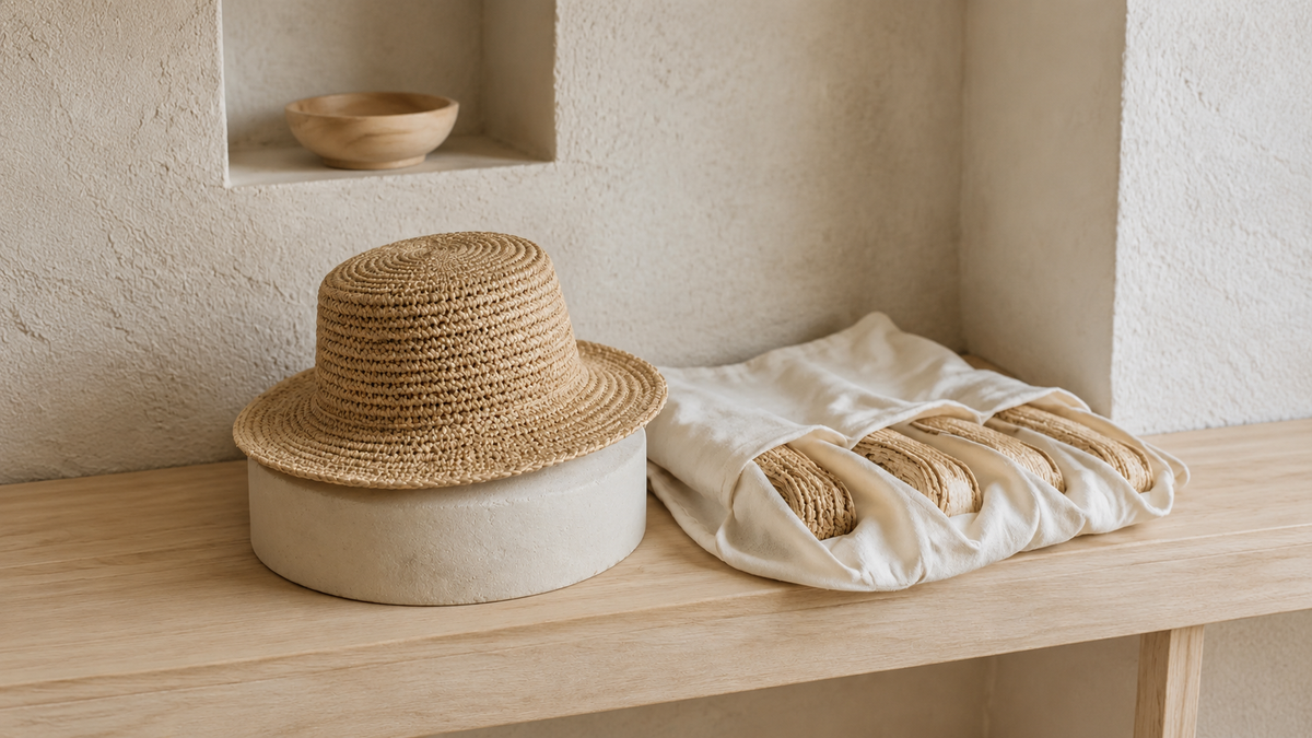 Editorial interpretation: a raffia hat and fibres protected on a shelf in soft light.