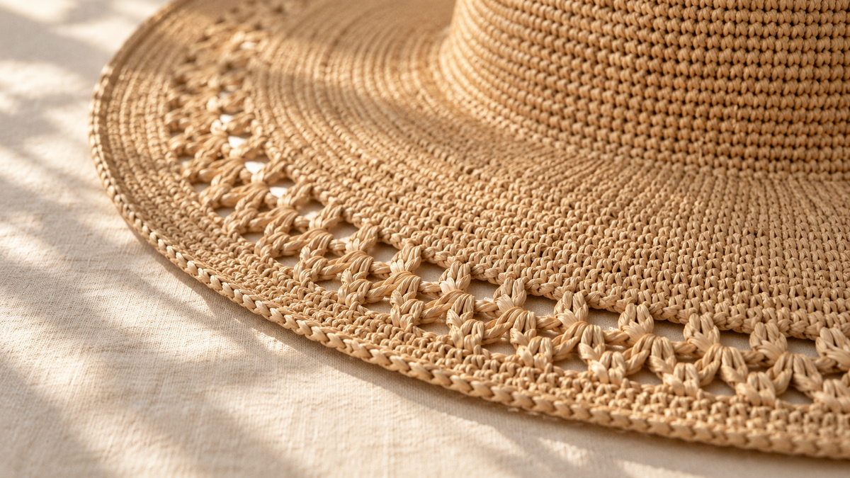 Editorial close-up of the openwork raffia brim of TSARAVA on pale linen.