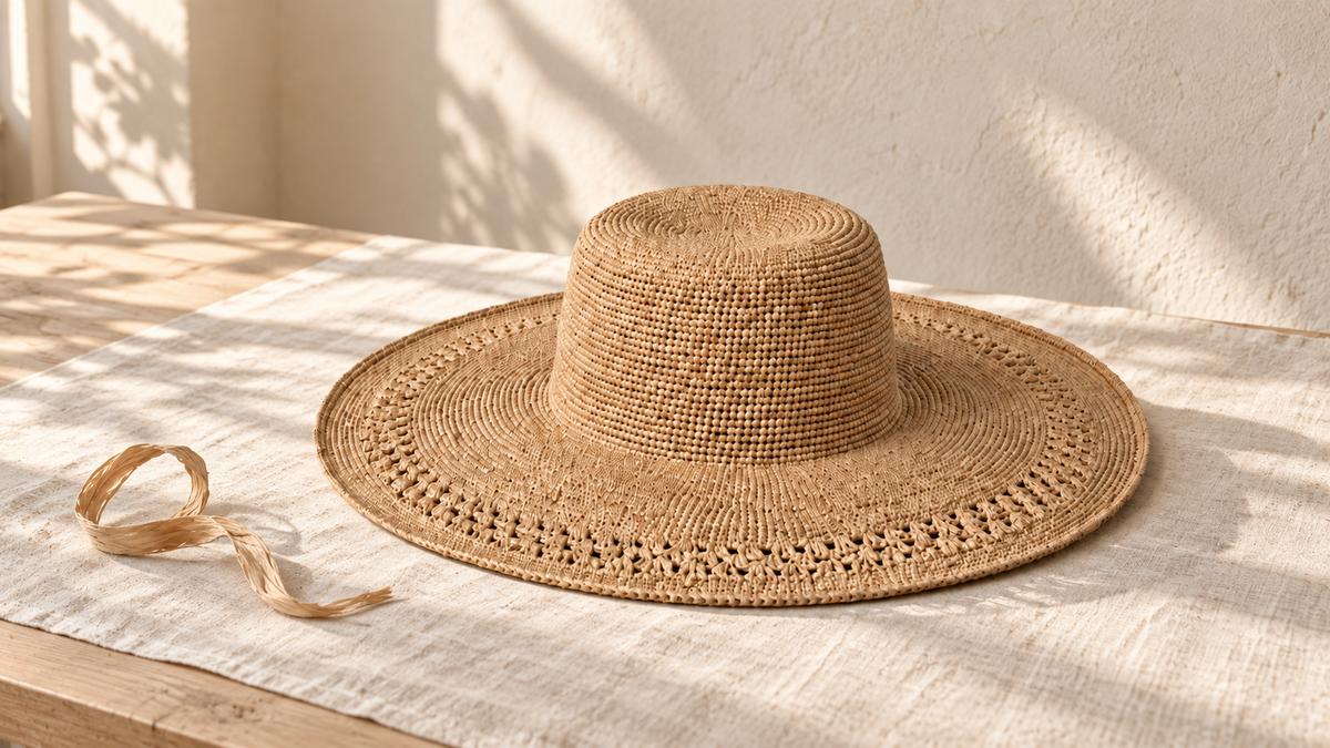 Editorial composition inspired by TSARAVA, with a ribbon of raffia fibre on a linen-covered table.