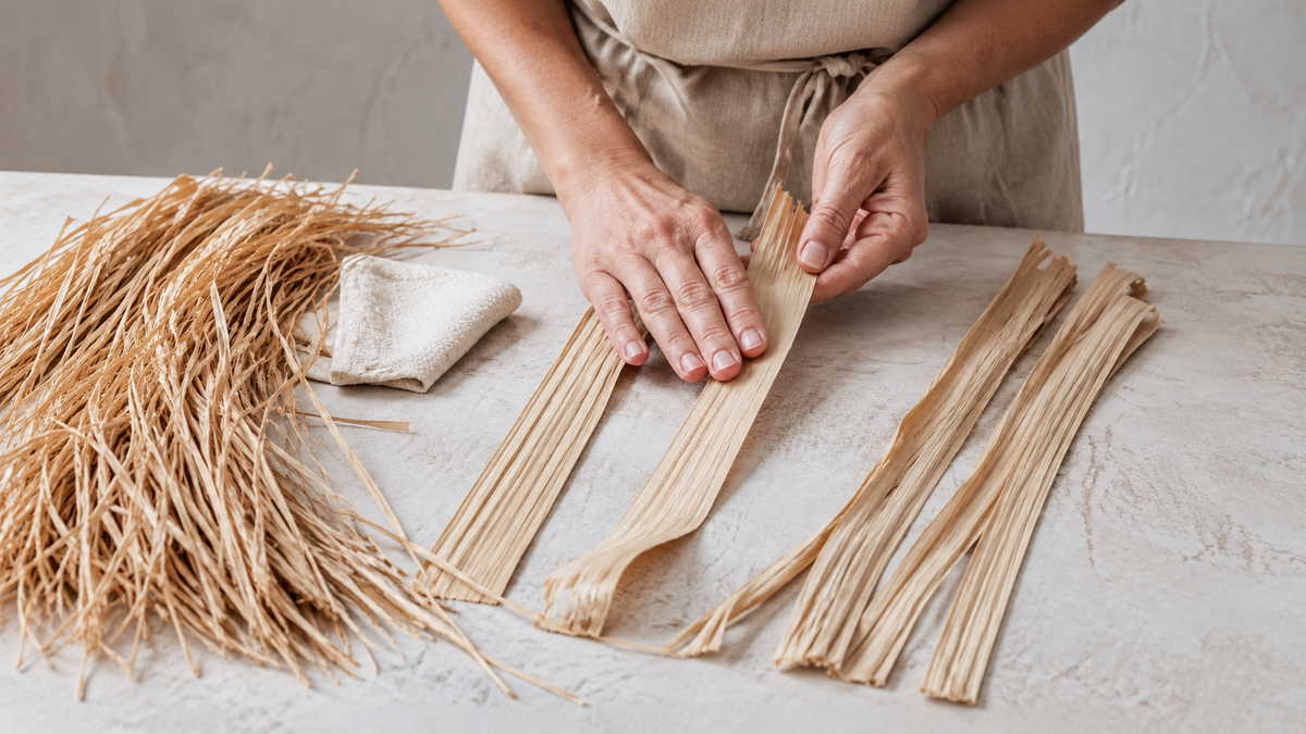 Workshop interpretation: preparing and softening raffia strips before crocheting.