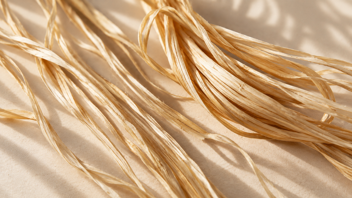 Editorial composition: natural raffia ribbons and the texture of the fibre in soft light.