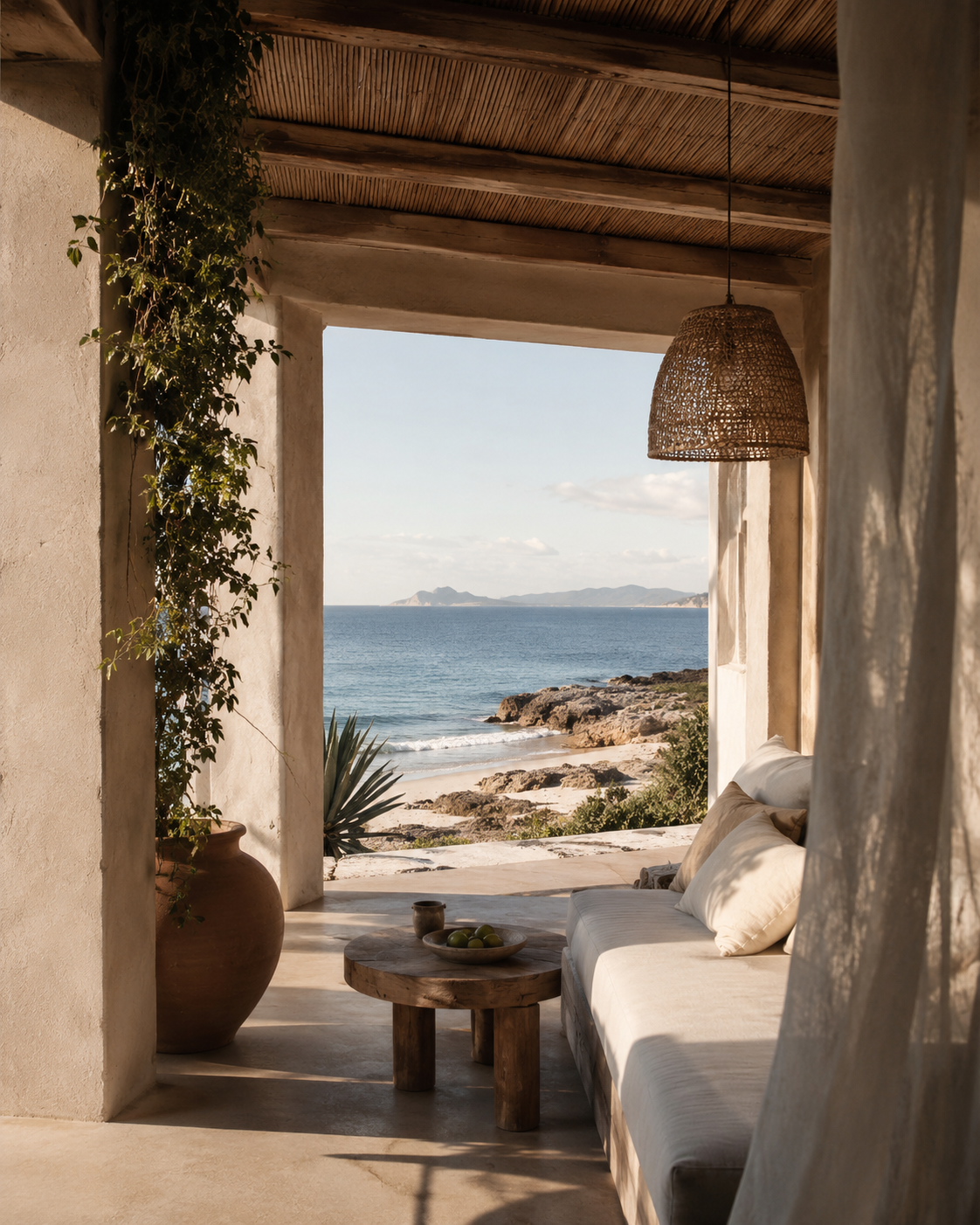 Terrasse ouverte sur la mer, matières naturelles et lumière
