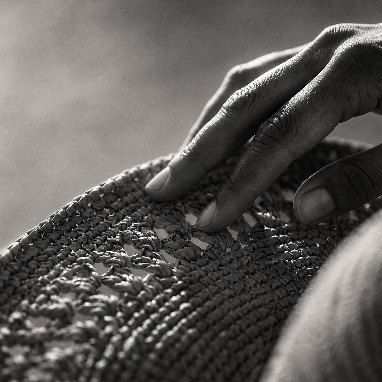 Main posée sur une surface de raphia crochetée