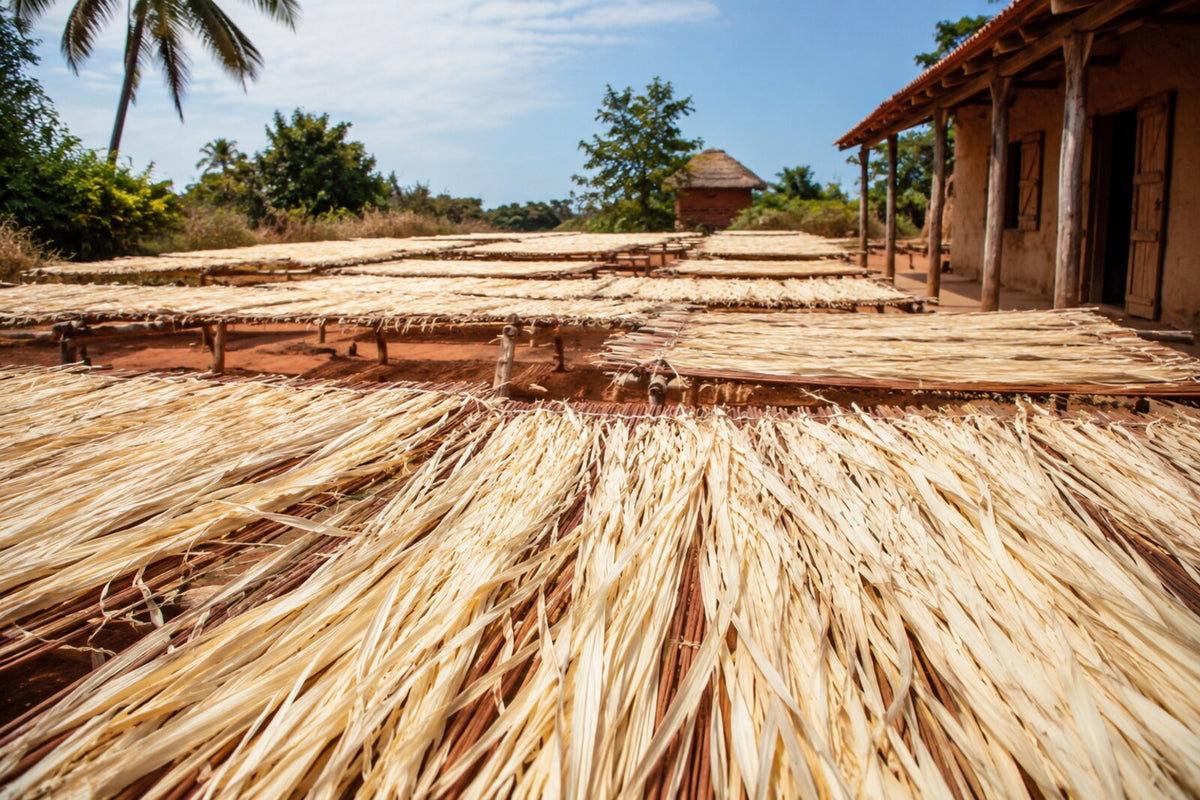 Fibres de raphia séchant sur des claies à Madagascar