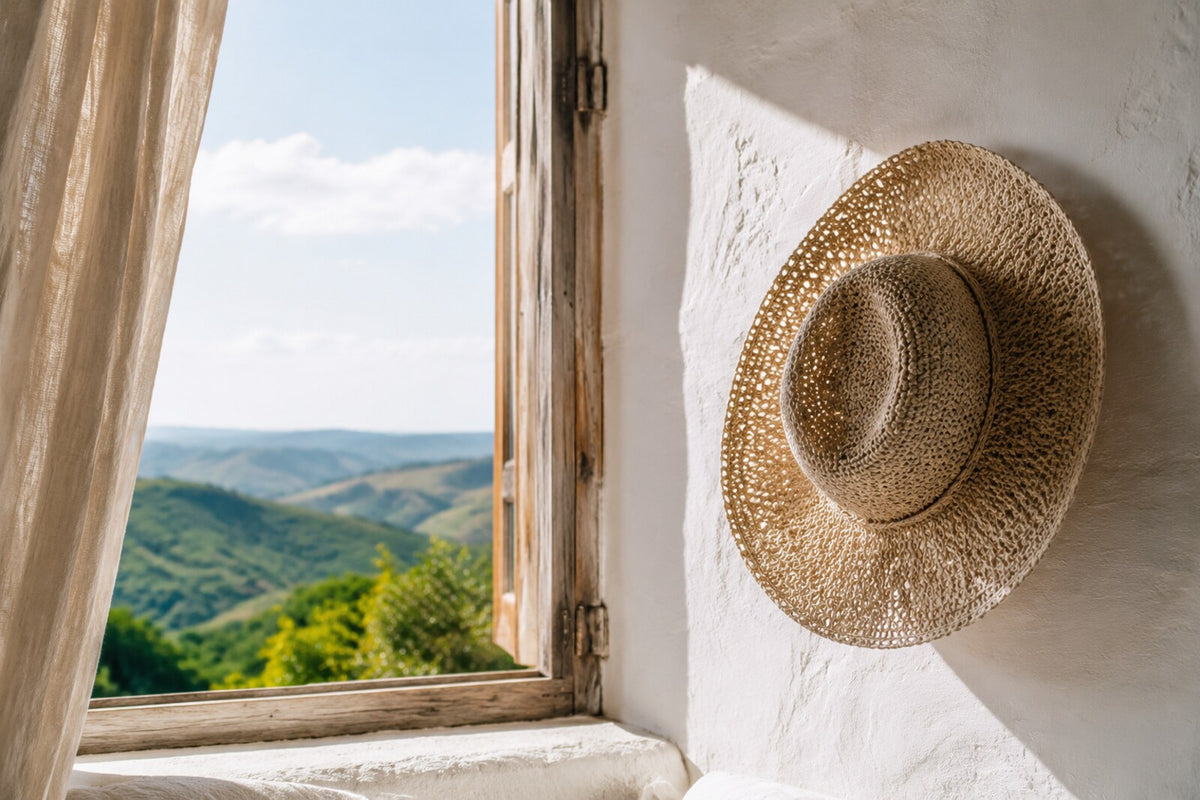 Chapeau en raphia crocheté dans un intérieur lumineux